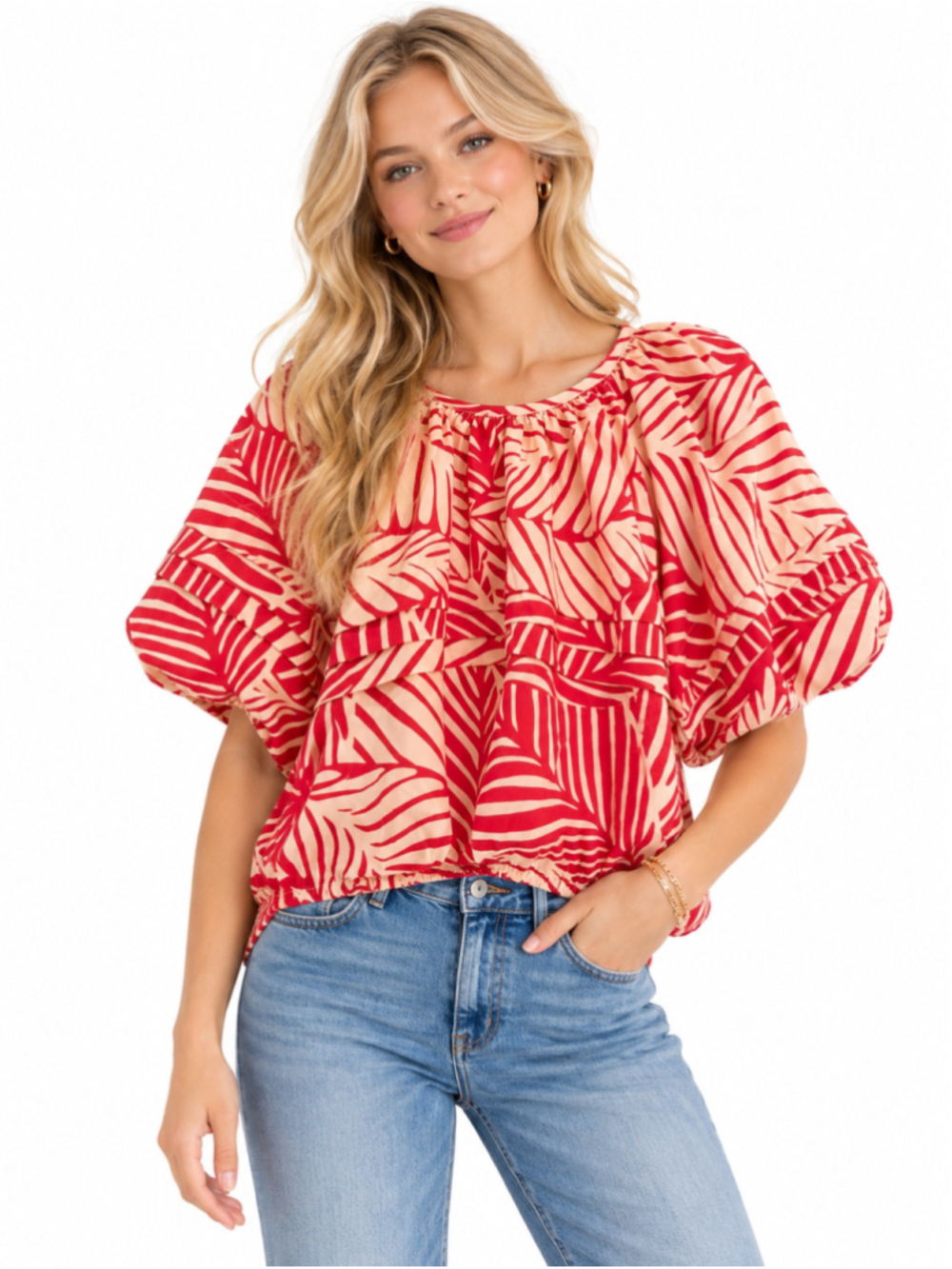 Rachel Rachel Roy Red & Cream Leaf Print Blouse Size M